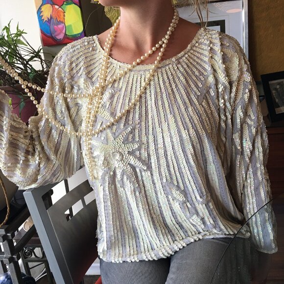 1980s Vintage Cream Sequin Chinese Silk Long Sleeve Blouse. - Picture 3 of 16